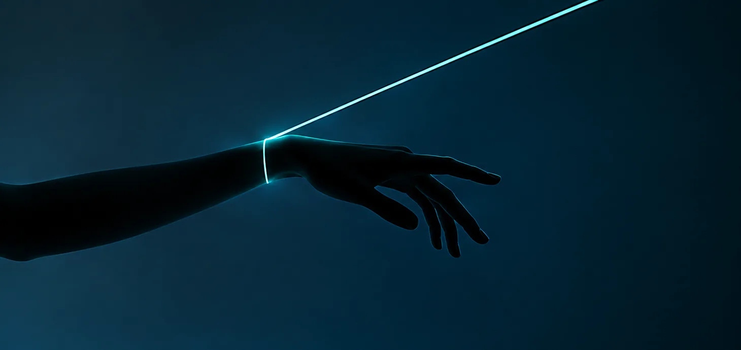 A silhouetted arm guided by a luminous motion path