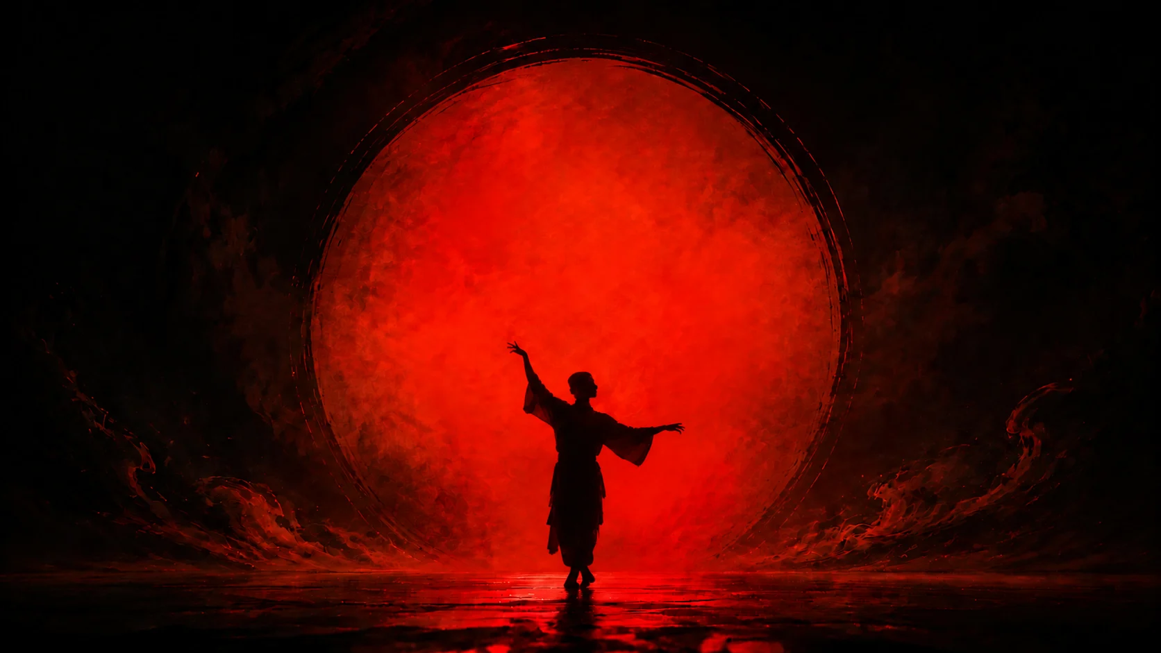 A dancer silhouetted before a luminous red circle