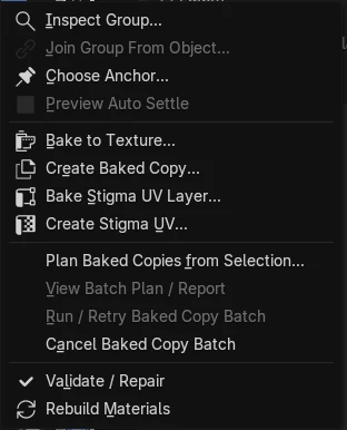 Stigma Tools menu in Blender showing Bake to Texture, Create Baked Copy, Bake Stigma UV Layer, Create Stigma UV and batch planning commands.