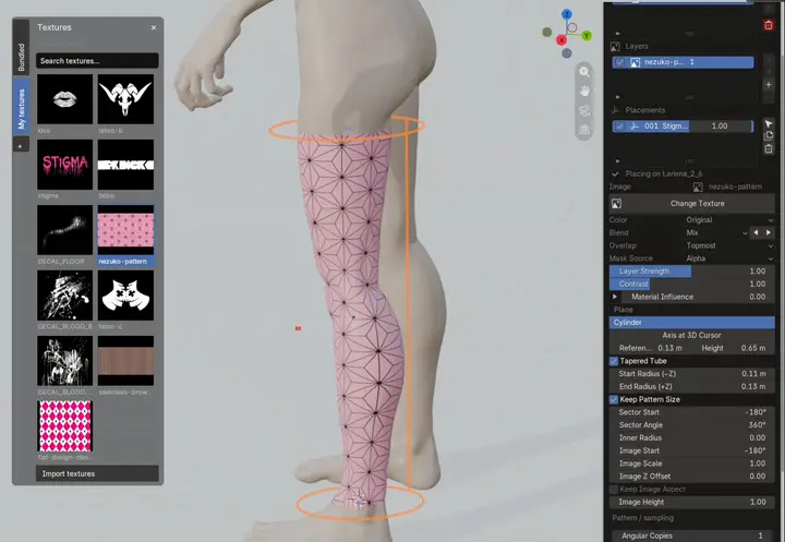 A pink geometric pattern wrapped around a character’s leg with Cylinder and Tapered Tube in Blender.