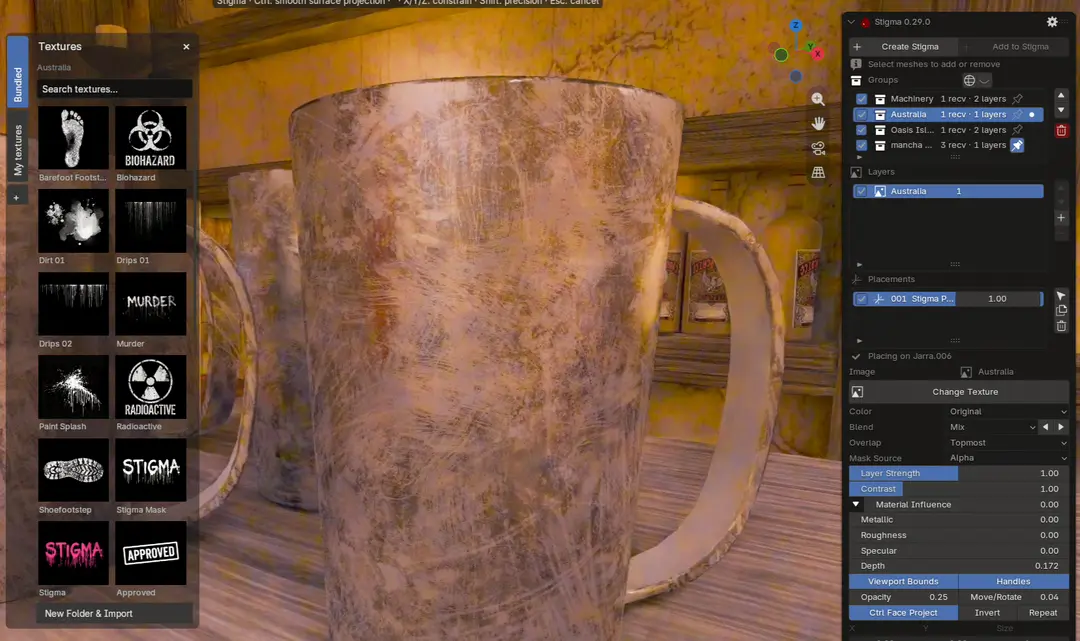 Adjusting Material Influence changes the kangaroo decal’s finish on a weathered mug in Blender.