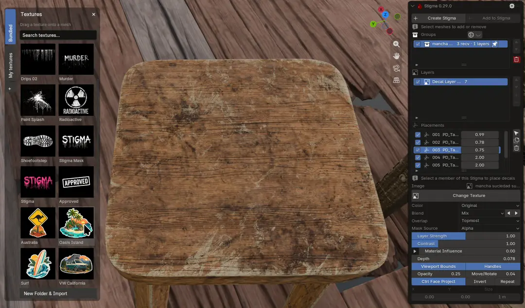 Dragging a decal from the Stigma texture library onto a stool, then resizing and rotating its projection in Blender.