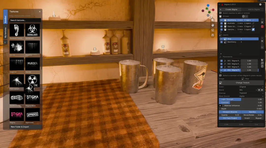 A shared Stigma group projects a white splatter across a tablecloth, a wooden table and several mugs in Blender.