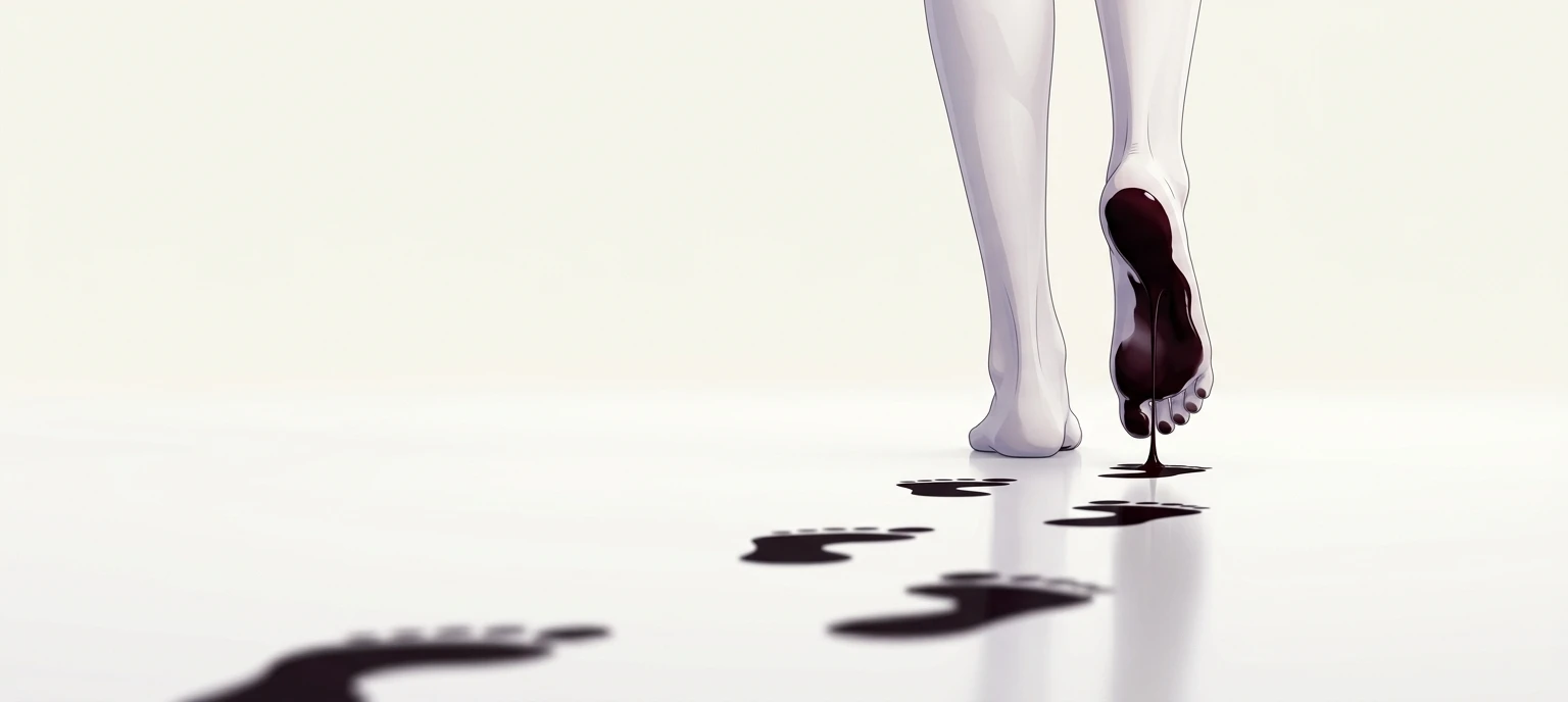 A trail of dark footprints left across a pale surface