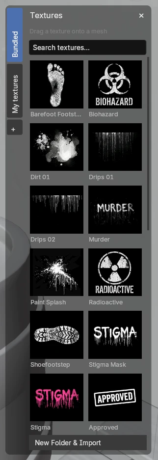 Stigma texture shelf with Bundled and My textures tabs, search, thumbnail previews and New Folder & Import
