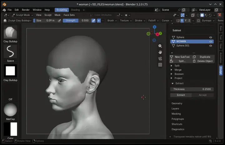 Animated Zculpt Extract demo: the masked scalp of the female bust becomes a separate shell and a new Subtool.
