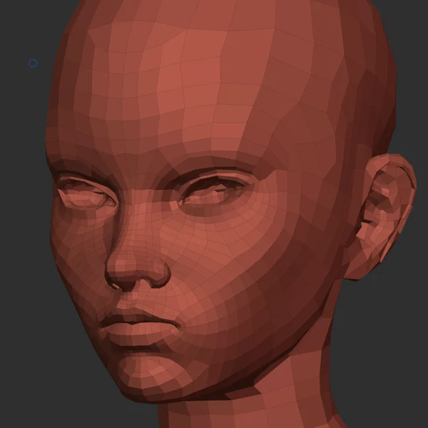 The retopologised head at Multires level 1: wide quads holding the overall shape of the face.