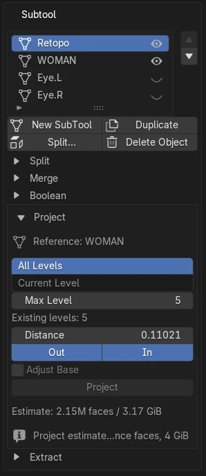 The Zculpt Subtool panel with the Project subsection open: Retopo sits above WOMAN in the Subtool list, and Project reads Reference: WOMAN, All Levels, Max Level 5, a projection distance, Out and In, and an estimate of 2.15M faces.