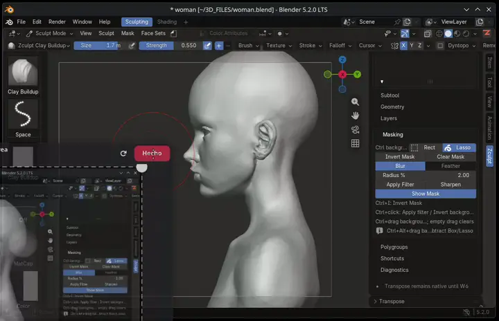 Animated Zculpt Radius Blur demo: a hard mask around the mouth is softened, then Transpose reshapes the face through the gradual mask transition.