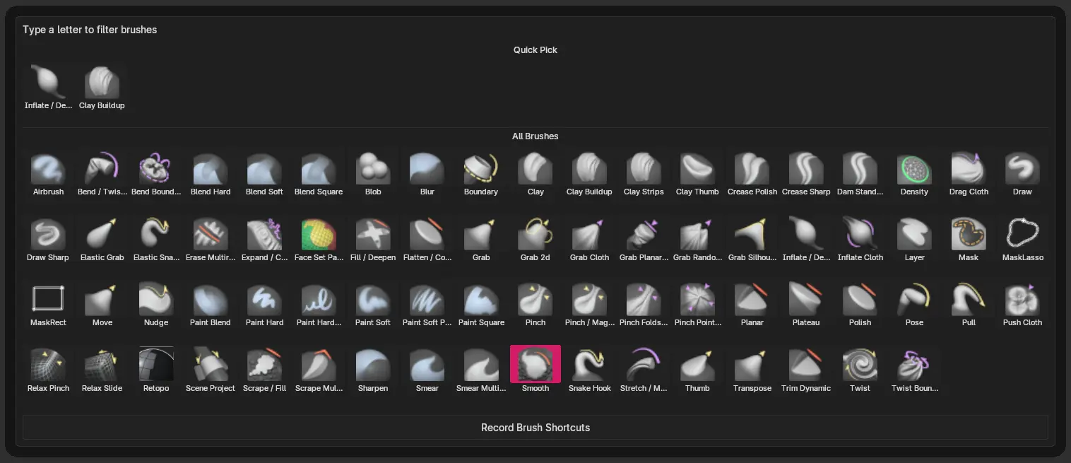 The Zculpt brush island: a filterable grid of every native Blender brush, Retopo among them, with a Quick Pick row of recently used brushes held apart at the top.