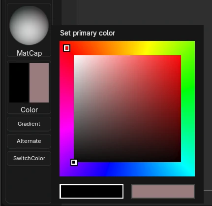 The Zculpt colour picker: a square picker framed by a hue border, above the primary and secondary swatches, next to the MatCap, Gradient, Alternate and SwitchColor controls.