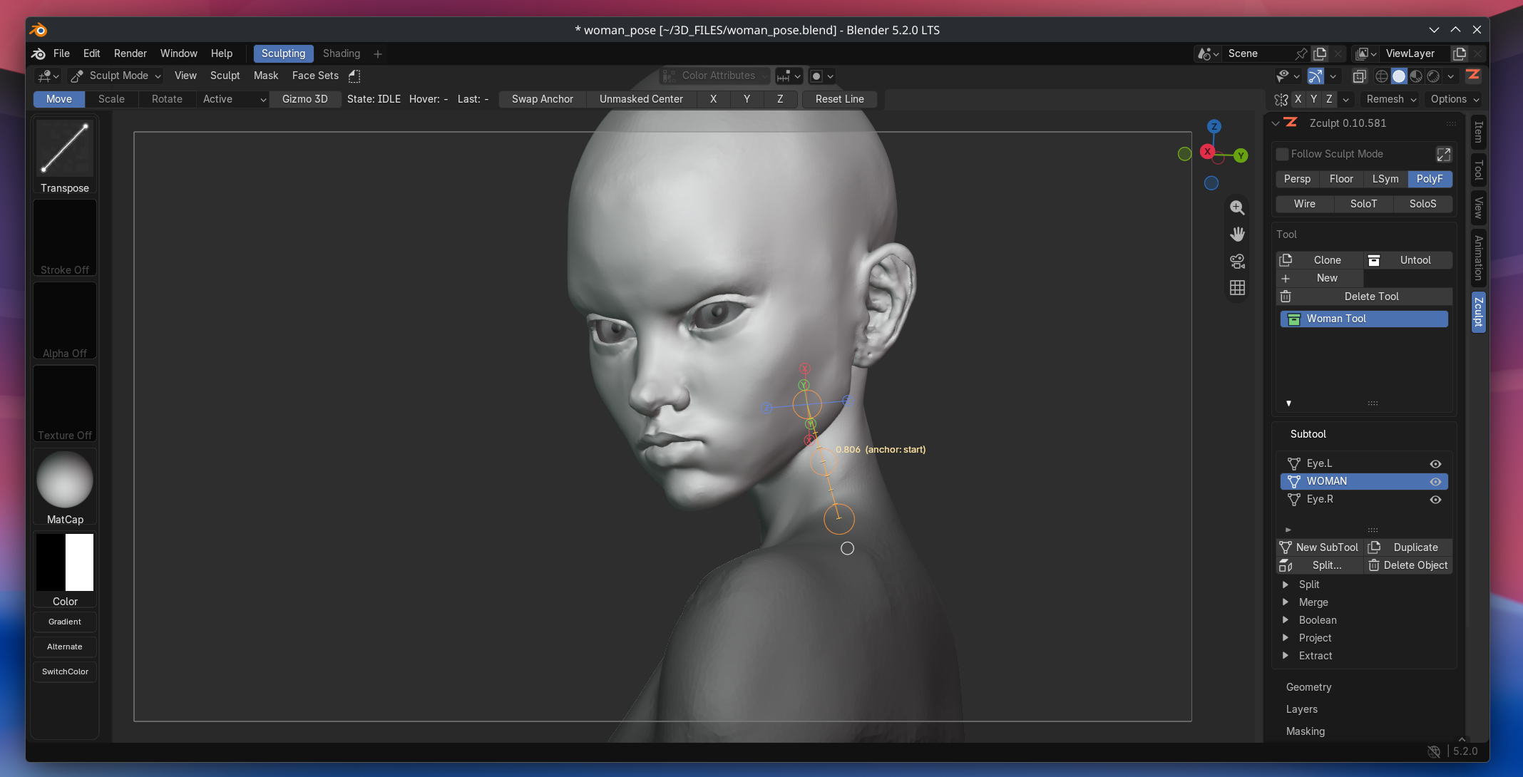 My second sculpt in Blender: a stylized female bust in the viewport, with Zculpt sculpting controls on the left, a transpose gizmo over the jaw, and Tool and Subtool lists in the panel on the right.